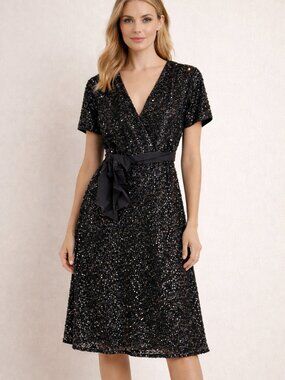 SHEIN Women's Black sequined XL dress with satin tie, NWOT